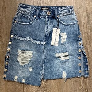 Maniere de Voir Distressed Denim High Waist Mini Skirt w Snap Button Sides UK 6